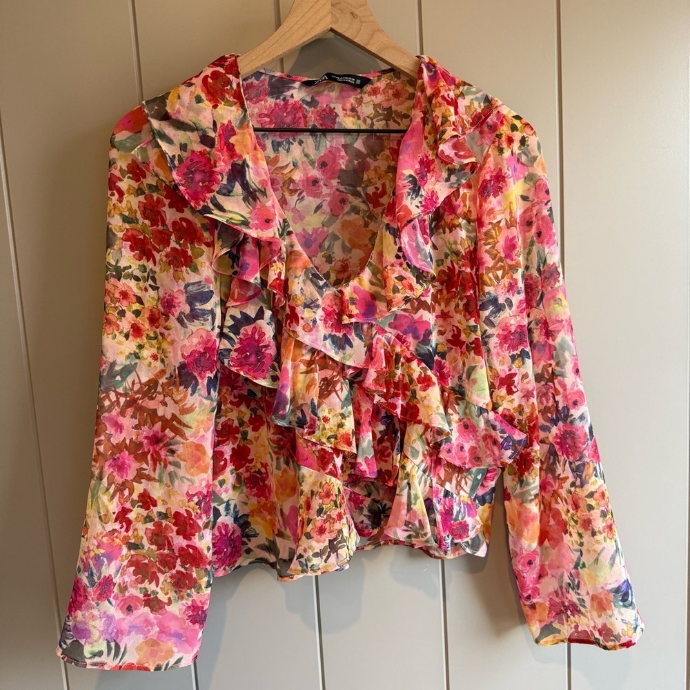 Zara Floral Ruffle Blouse XS Pink Red Sheer Long Sleeve Romantic Boho Fairy Top